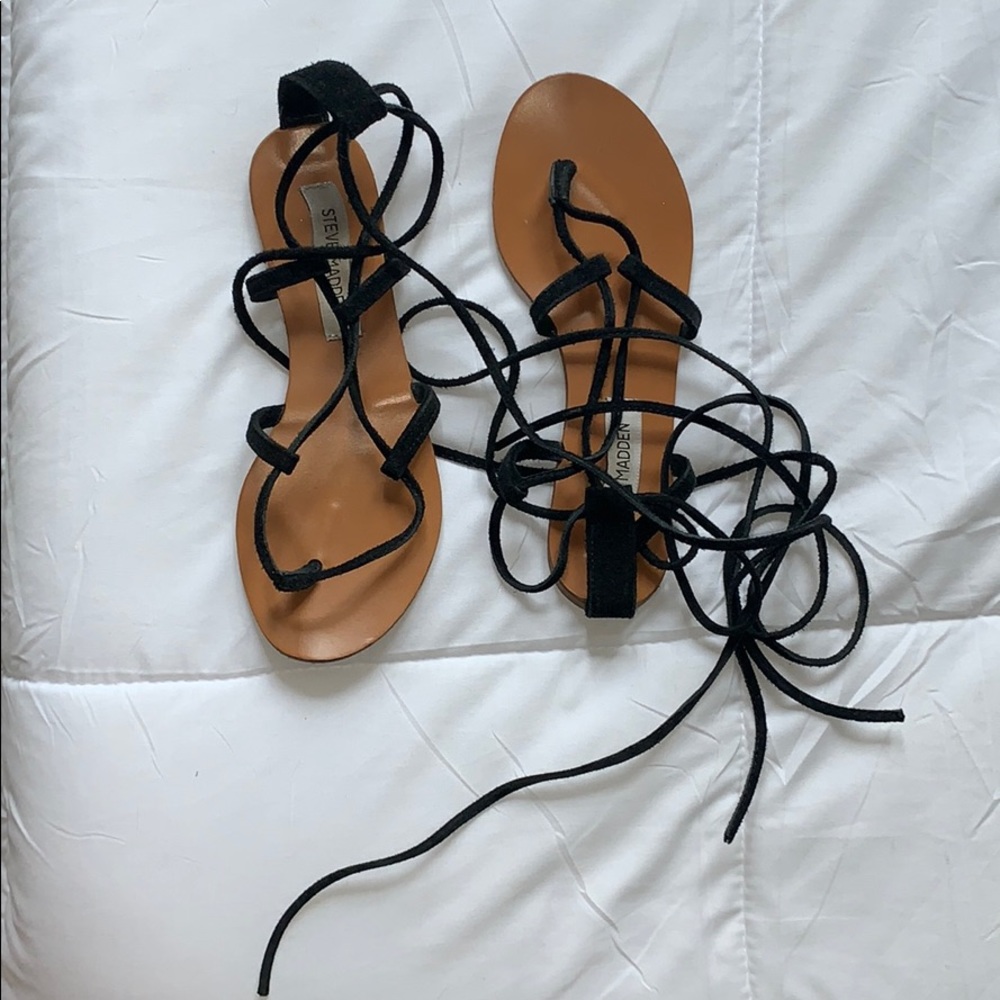 Black soft leather gladiator tie sandals